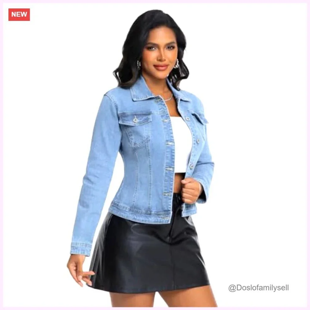 Cropped Denim Jacket Slim Fitted Stretchy Button Down Lapel Long Sleeve - Picture 3 of 7